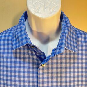 BUGATCHI Men's blue & white plaid long sleeve OoohCotton stretch shirt XL